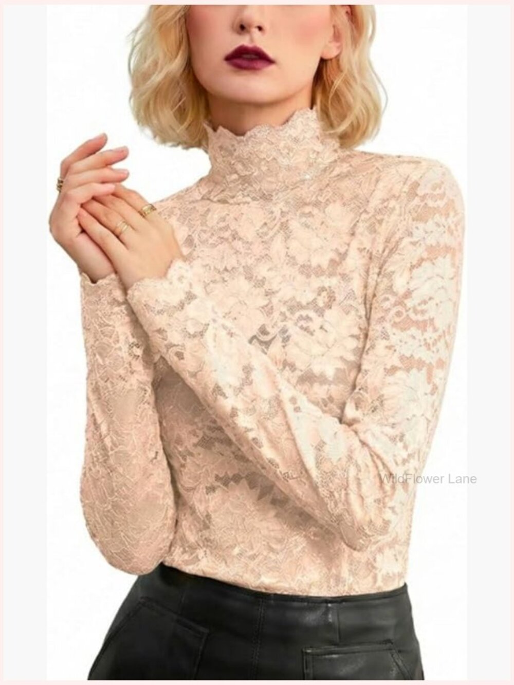 Long Sleeve Lace Sheer Mesh Blouse Top Mock Neck Undershirt